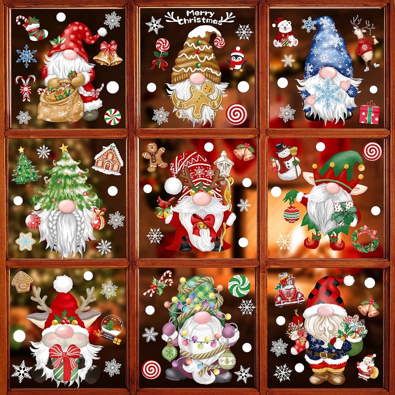 BORAMDO Christmas Window Clings 11 Sheets, Gnome Snowflake Window Decals Stickers, Removable Christmas Glass Decorations for Xmas Holiday Home Office Decor, 9 Styles - Image 1